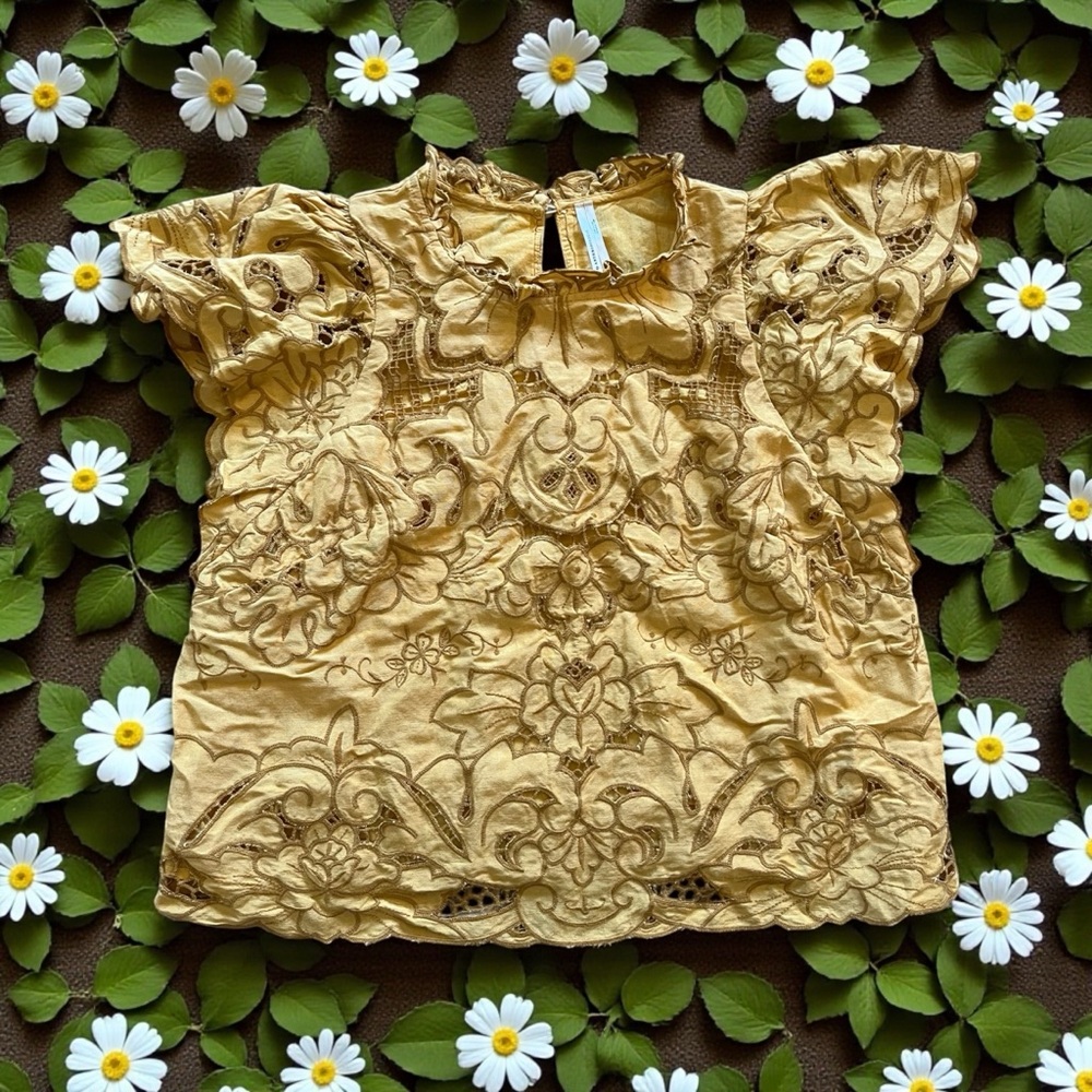 Anthropologie Mustard Yellow Embroidered Flutter Sleeve Top